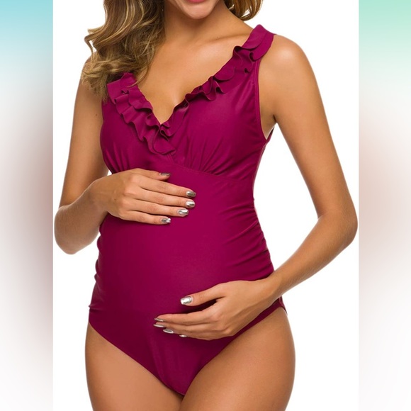Tempotrek One Piece Maternity Ruffle Flounce Swimsuit , Red, Size:M - Picture 2 of 5
